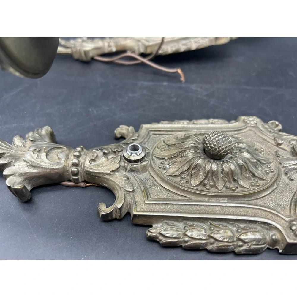 Pair Antique Cast Brass/Bronze (?) Floral Electric Wall Sconce Lights Reclaimed